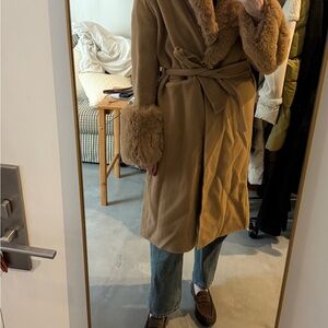 Maje Camel Teddy Jacket with Faux Fur Trim